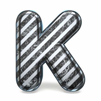 Striped steel black scratched font Letter K 3D render illustration isolated on white background