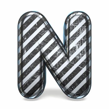 Striped steel black scratched font Letter N 3D render illustration isolated on white background