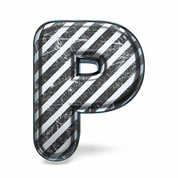 Striped steel black scratched font Letter P 3D render illustration isolated on white background