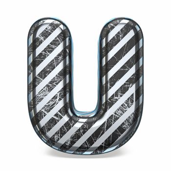 Striped steel black scratched font Letter U 3D render illustration isolated on white background