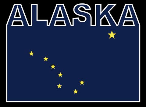 Alaskas tate text in silhouette set over the state flag