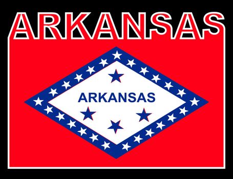 Arkansas tate text in silhouette set over the state flag