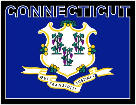 Connecticut state text in silhouette set over the state flag