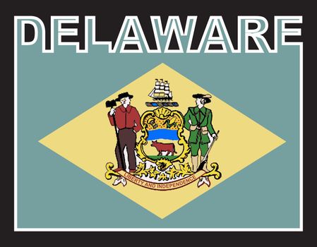 Delaware state text in silhouette set over the state flag