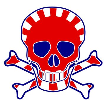 Skull and crossbones with the Japanese flag with the rising sun sign over a white background