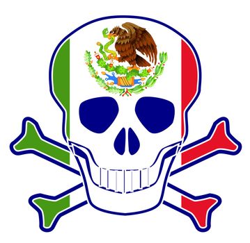 Skull and crossbones with the Mexico flag with the rising sun sign over a white background