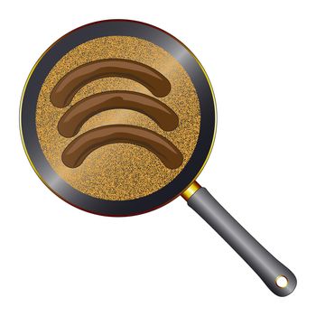 A black metal frying pan with wooden handle and stipple base on a white background with 3 frying sausages