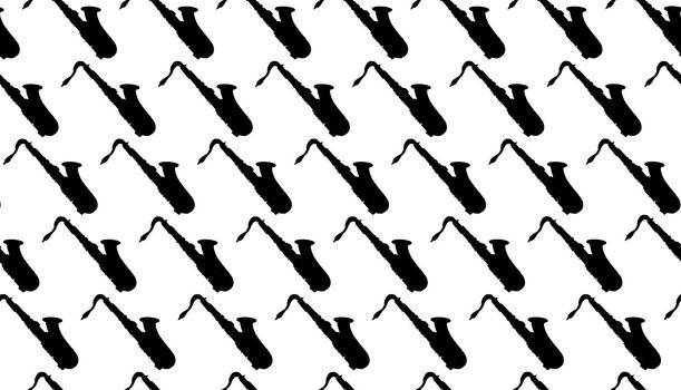 Silhouette of a group of typical saxophones over a white background as a seamless pattern