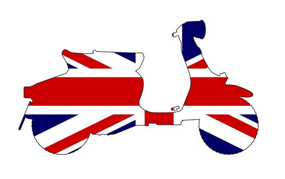 A typical 1960 style motor scooter outline Union Jack over a white background