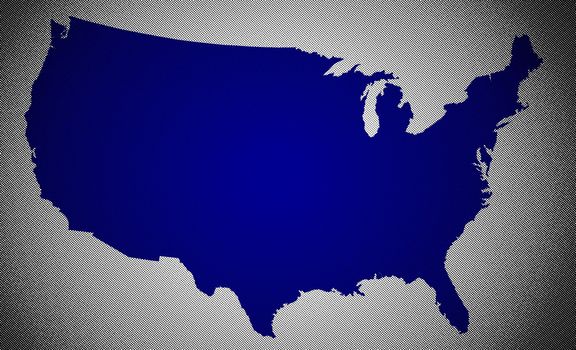 A halftone outline silhouette map of The United States of America over a white background