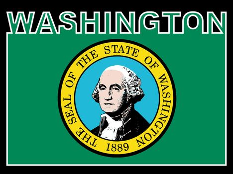 Washington state text in silhouette set over the state flag