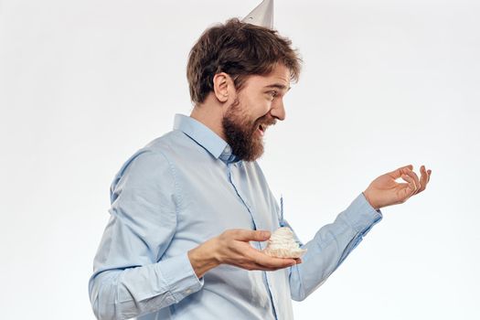 Bearded man cake with holiday decoration birthday. High quality photo