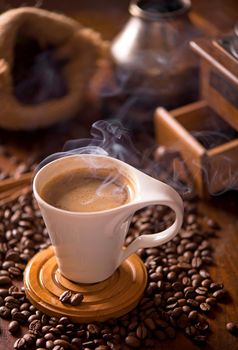 fried bright with smoky grains, coffee beans background