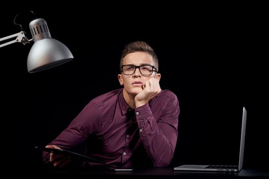 Business man working desk icon psychology communication black background. High quality photo