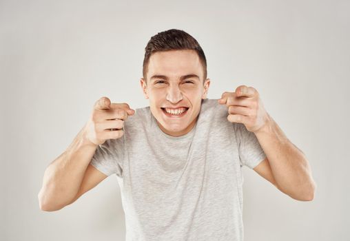 Cheerful man emotions gestures hands joy close-up. High quality photo