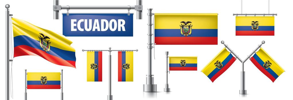 Vector set of the national flag of Ecuador in various creative designs.
