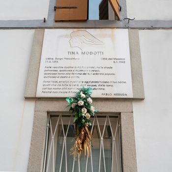 Udine, Italy. March 3, 2021. exterior view of the birth house of photographer Tina Modotti in the city center