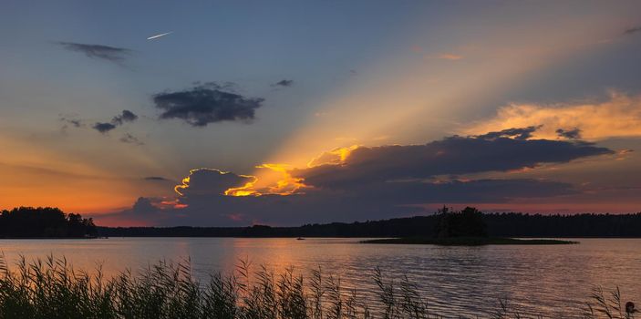 Sunset on the Biale lake in Augustow in Poland