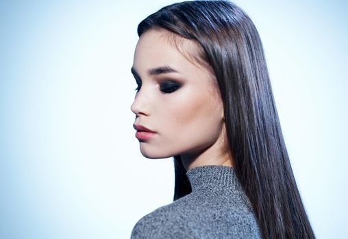 Woman portrait makeup close-up brunette cropped view model. High quality photo