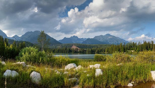 High resolution panorama of mountain lake in National Park High Tatra. Strbske pleso, Slovakia, Europe