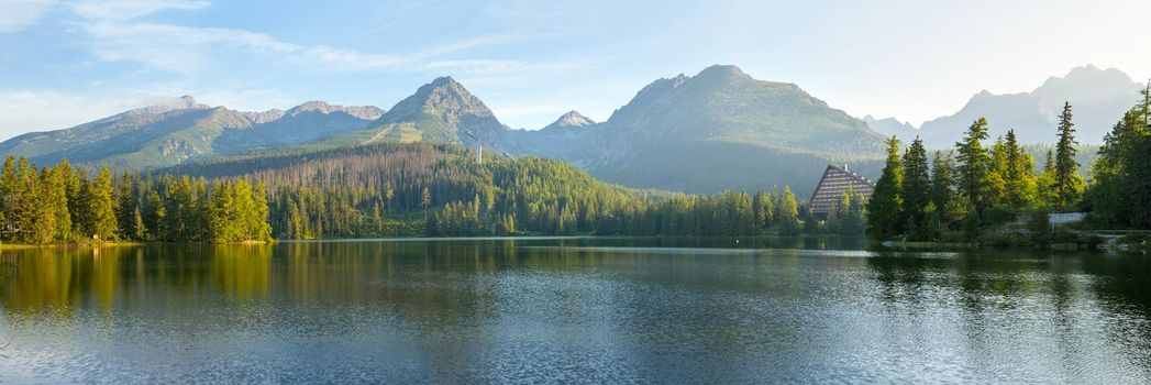 High resolution panorama of mountain lake in National Park High Tatra. Strbske pleso, Slovakia, Europe