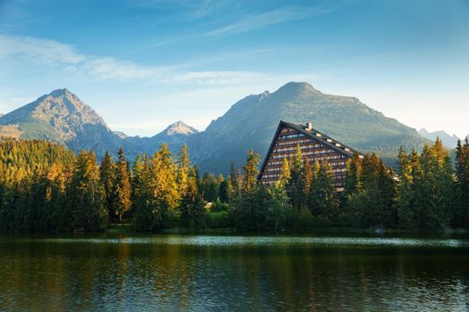 Morning on mountain lake in national park High Tatra. Strbske pleso, Slovakia, Europe