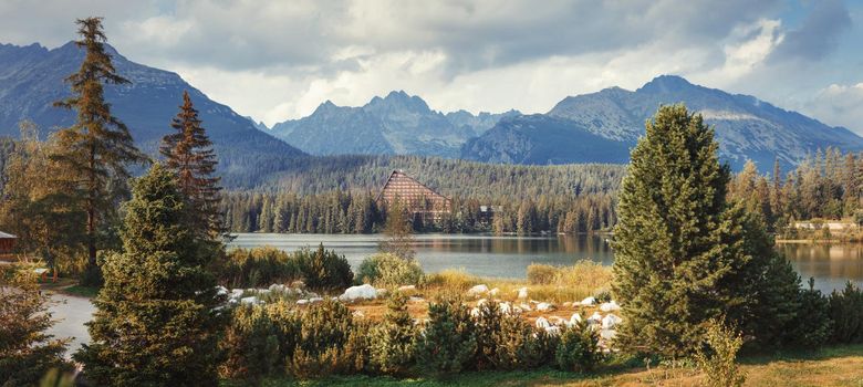 High resolution panorama of mountain lake in National Park High Tatra. Strbske pleso, Slovakia, Europe