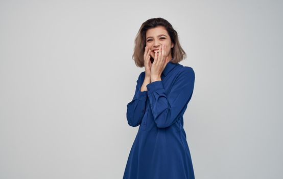 cheerful woman in striped t-shirt double glasses smile. High quality photo