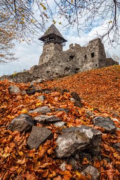 Old castle in autumn forest. Ukraine, Europe