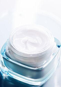 Skincare moisturiser cream in glass jar, luxury cosmetics and facial care product closeup