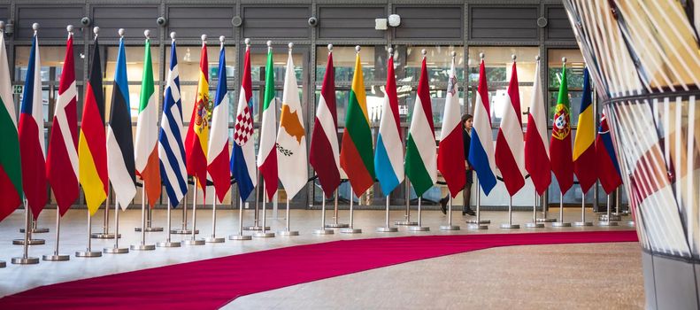 BRUSSELS, BELGIUM - May 13, 2019: Flags on the meeting of EU leaders at the EU headquarters. High Level Conference for Eastern Community Leaders in Brussels