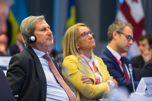 BRUSSELS, BELGIUM - May 14, 2019: Eap Eastern Partnership. Meeting of EU leaders at the EU headquarters. High Level Conference for Eastern Community Leaders in Brussels