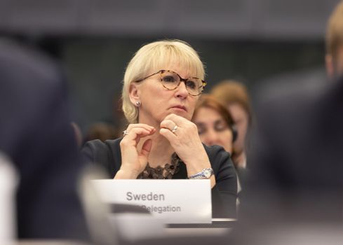 BRUSSELS, BELGIUM - May 14, 2019: Eap Eastern Partnership. Meeting of EU leaders at the EU headquarters. High Level Conference for Eastern Community Leaders in Brussels