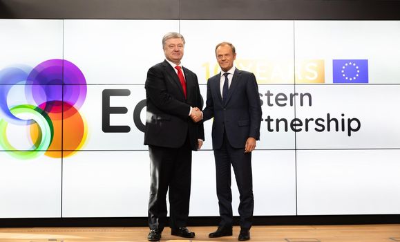 BRUSSELS, BELGIUM - May 14, 2019: European Council President Donald Tusk and president of Ukraine Petro Poroshenko during a meeting of EU leaders at the EU headquarters. 