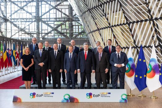 BRUSSELS, BELGIUM - May 14, 2019: Eap Eastern Partnership. Meeting of EU leaders at the EU headquarters. High Level Conference for Eastern Community Leaders in Brussels