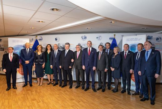 BRUSSELS, BELGIUM - May 14, 2019: Eap Eastern Partnership. Meeting of EU leaders at the EU headquarters. High Level Conference for Eastern Community Leaders in Brussels