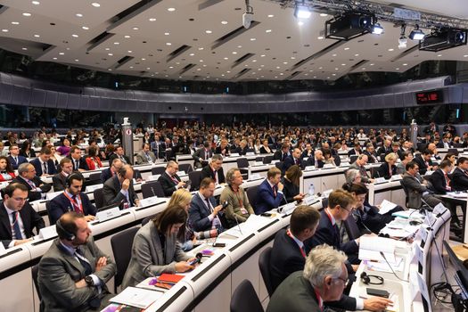 BRUSSELS, BELGIUM - May 14, 2019: Eap Eastern Partnership. Meeting of EU leaders at the EU headquarters. High Level Conference for Eastern Community Leaders in Brussels