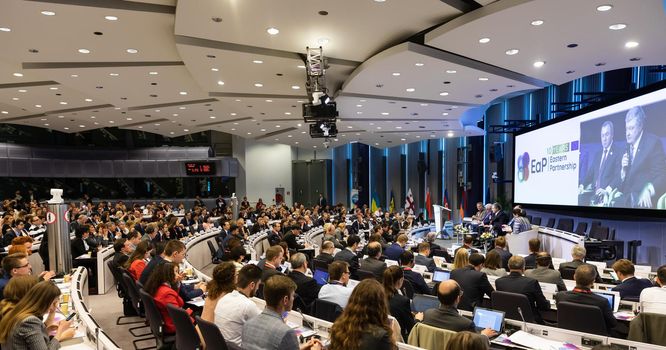 BRUSSELS, BELGIUM - May 14, 2019: Eap Eastern Partnership. Meeting of EU leaders at the EU headquarters. High Level Conference for Eastern Community Leaders in Brussels
