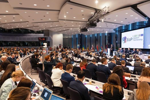 BRUSSELS, BELGIUM - May 14, 2019: Eap Eastern Partnership. Meeting of EU leaders at the EU headquarters. High Level Conference for Eastern Community Leaders in Brussels
