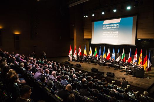 GDANSK, POLAND - May 07, 2015: Panel discussion: The effects of the Second World War 70 years