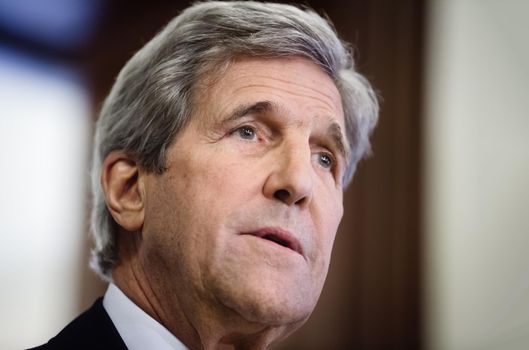 KIEV, UKRAINE - Jul 7, 2016: US Secretary of State John Kerry during a joint press conference with President of Ukraine Petro Poroshenko in Kiev