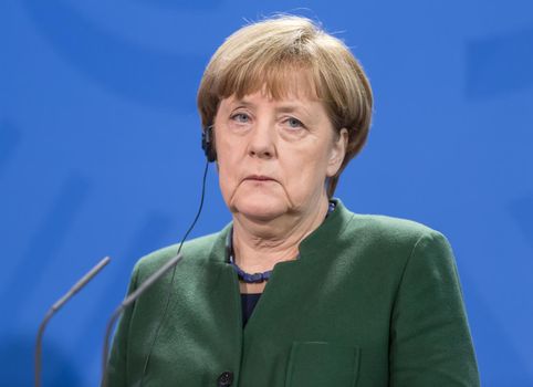 BERLIN, GERMANY - Jan 30, 2017: Chancellor of the Federal Republic of Germany Angela Merkel during a joint briefing with President of Ukraine Petro Poroshenko