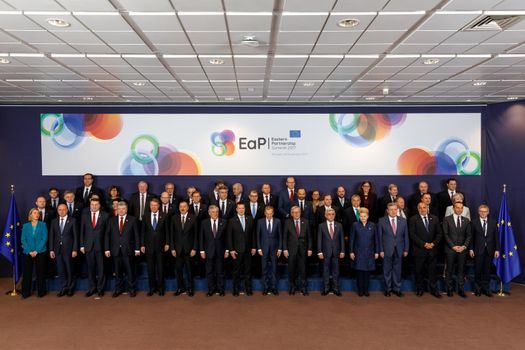 BRUSSELS, BELGIUM - Nov 24, 2017: Eastern Partnership Summit 2017. Group photo of participants of the summit, heads of states and politicians