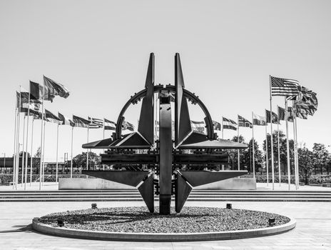 BRUSSELS, BELGIUM - May 13, 2019: Black and white image of nato star sculpture in Brussels. NATO Headquarters - Political and Administrative Center for the North Atlantic Alliance