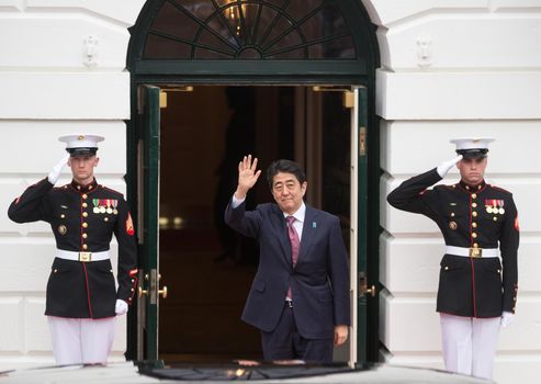 WASHINGTON D.C., USA - Mar 31, 2016: Nuclear Security Summit. Japanese Prime Minister Shinzo Abe welcomes the participants and guests of the summit