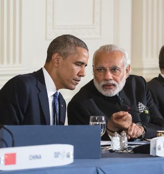 WASHINGTON D.C., USA - Mar 31, 2016: Nuclear Security Summit. United States President Barack Obama talks with Prime Minister of India Narendra Damodardas Modi