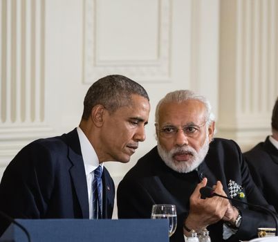 WASHINGTON D.C., USA - Mar 31, 2016: Nuclear Security Summit. United States President Barack Obama talks with Prime Minister of India Narendra Damodardas Modi
