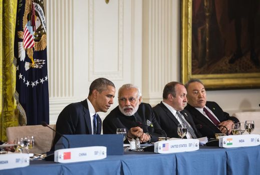 WASHINGTON D.C., USA - Mar 31, 2016: Nuclear Security Summit. United States President Barack Obama talks with Prime Minister of India Narendra Damodardas Modi