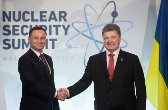 WASHINGTON D.C., USA - Apr 01, 2016: President of Ukraine Petro Poroshenko and President of Poland Andrzej Duda at the Nuclear Security Summit in Washington