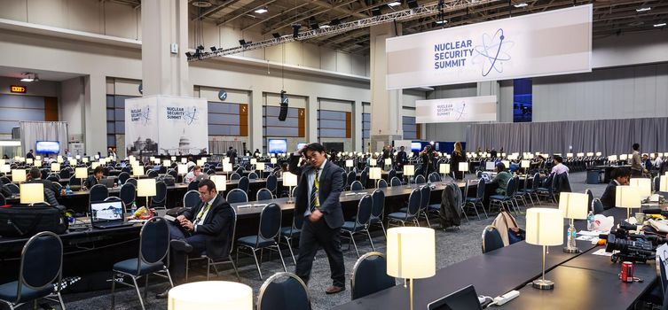 WASHINGTON D.C., USA - Mar 31, 2016: Nuclear Security Summit. Working moments in the summit press center